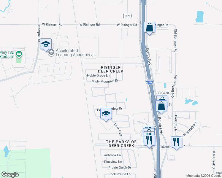 map of restaurants, bars, coffee shops, grocery stores, and more near 405 Autumn Park in Fort Worth