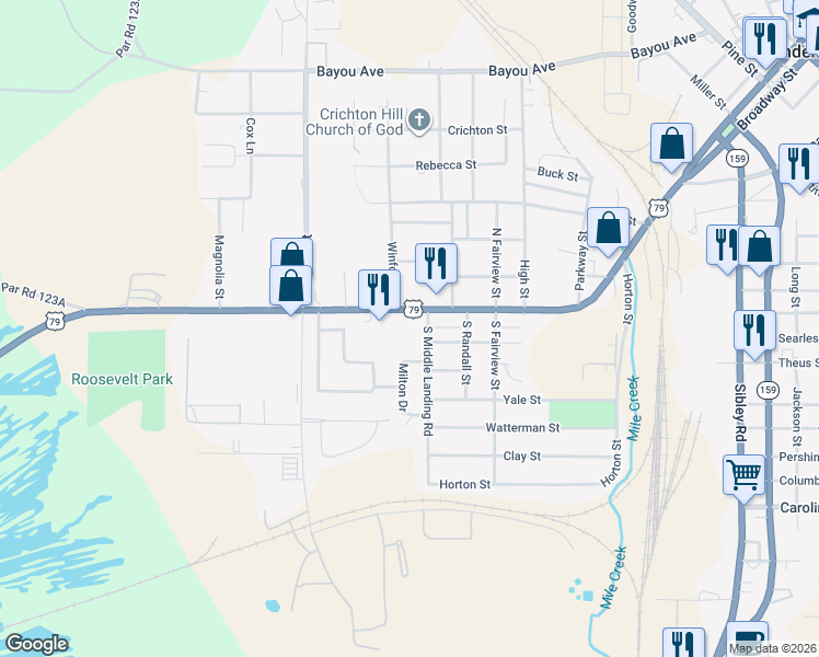map of restaurants, bars, coffee shops, grocery stores, and more near 1102 Shreveport Road in Minden