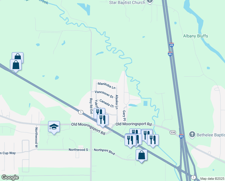 map of restaurants, bars, coffee shops, grocery stores, and more near 5936 Manitoba Lane in Shreveport