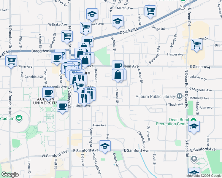 map of restaurants, bars, coffee shops, grocery stores, and more near 337 East Magnolia Avenue in Auburn