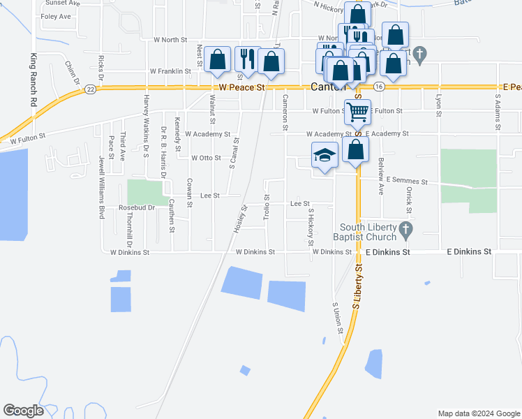 map of restaurants, bars, coffee shops, grocery stores, and more near 434 Trolio Street in Canton