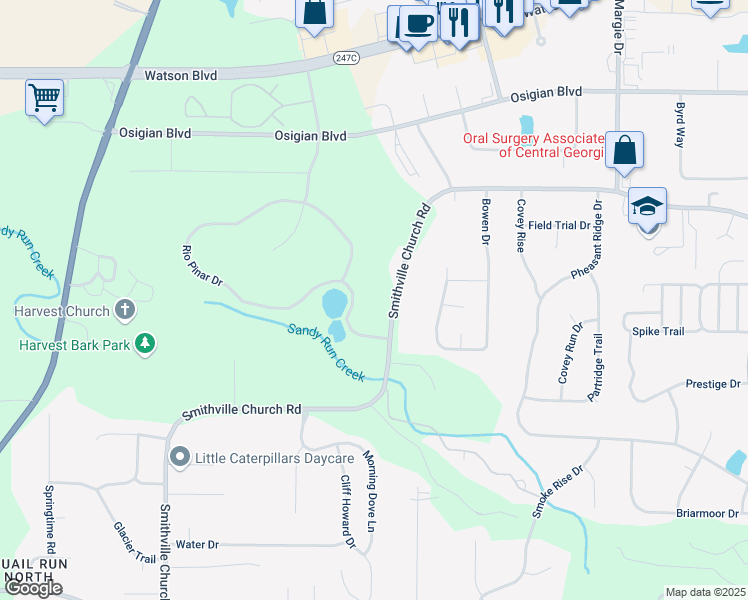 map of restaurants, bars, coffee shops, grocery stores, and more near 111 Rio Pinar Drive in Warner Robins