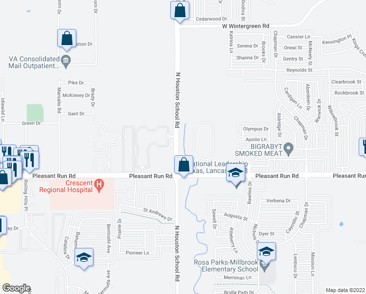 map of restaurants, bars, coffee shops, grocery stores, and more near 1606 North Houston School Road in Lancaster