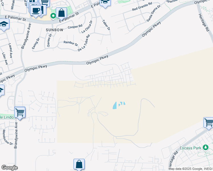 map of restaurants, bars, coffee shops, grocery stores, and more near Olympic Parkway in Chula Vista