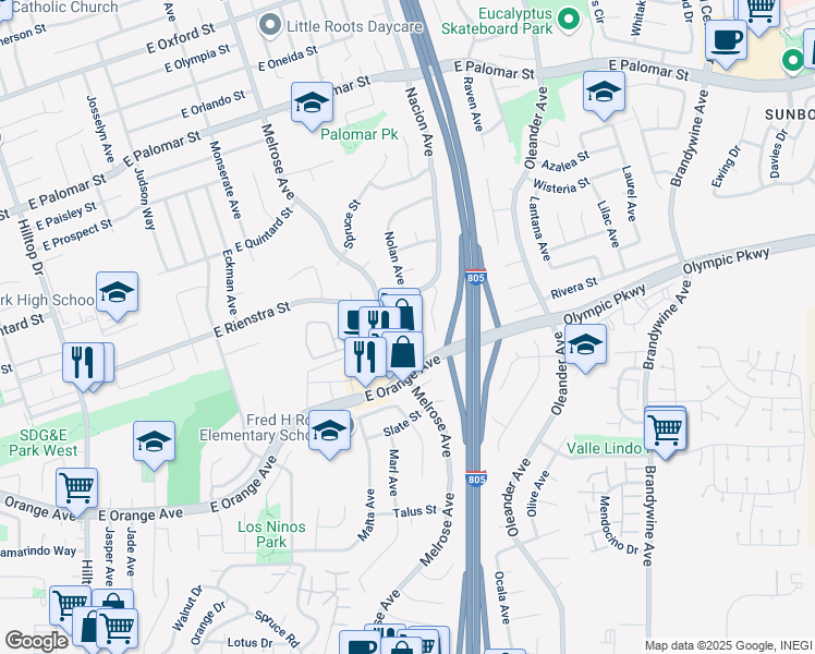 map of restaurants, bars, coffee shops, grocery stores, and more near 1444 Nolan Court in Chula Vista