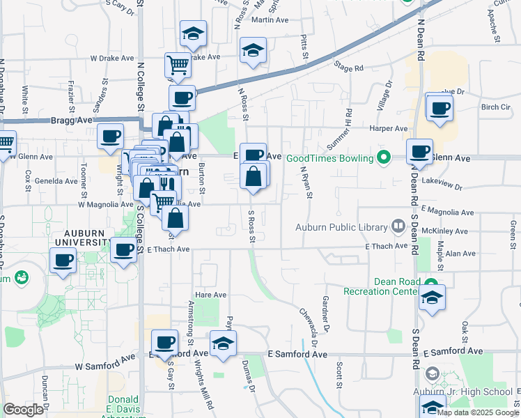 map of restaurants, bars, coffee shops, grocery stores, and more near 409 East Magnolia Avenue in Auburn