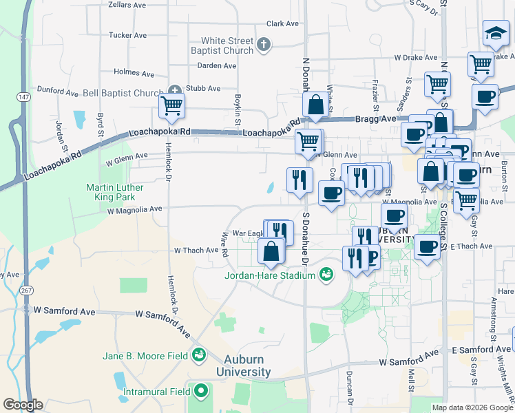 map of restaurants, bars, coffee shops, grocery stores, and more near 644 West Magnolia Avenue in Auburn