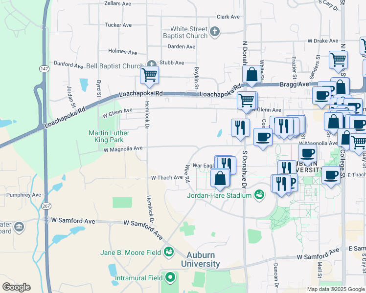 map of restaurants, bars, coffee shops, grocery stores, and more near 712 West Magnolia Avenue in Auburn