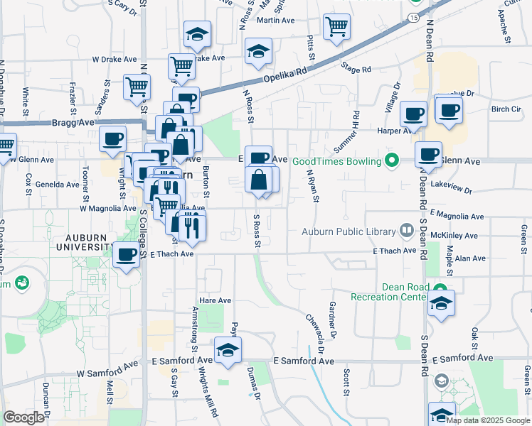 map of restaurants, bars, coffee shops, grocery stores, and more near 420 East Magnolia Avenue in Auburn