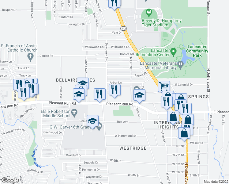 map of restaurants, bars, coffee shops, grocery stores, and more near 1508 Dewberry Boulevard in Lancaster