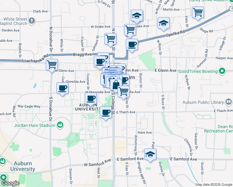 map of restaurants, bars, coffee shops, grocery stores, and more near 101 South College Street in Auburn