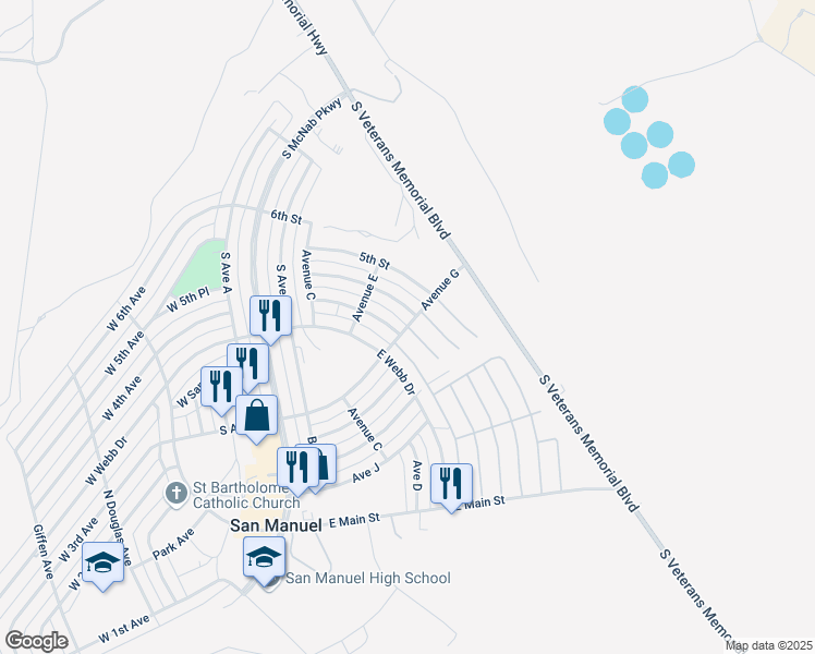 map of restaurants, bars, coffee shops, grocery stores, and more near 400 South Tierra Verde Place in San Manuel