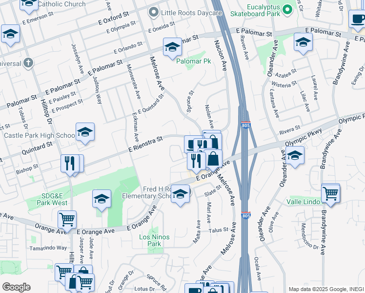 map of restaurants, bars, coffee shops, grocery stores, and more near 1450 Melrose Avenue in Chula Vista