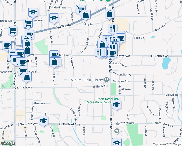 map of restaurants, bars, coffee shops, grocery stores, and more near 507 East Magnolia Avenue in Auburn