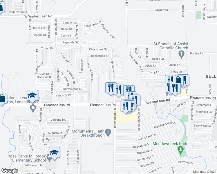 map of restaurants, bars, coffee shops, grocery stores, and more near 1424 Brook Meadow Circle in Lancaster