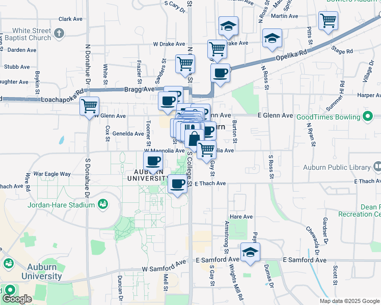 map of restaurants, bars, coffee shops, grocery stores, and more near 101 West Magnolia Avenue in Auburn