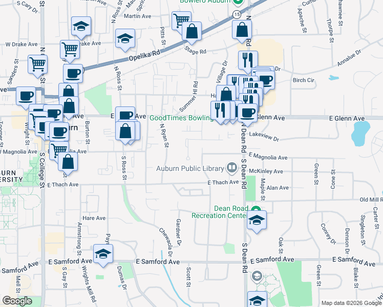 map of restaurants, bars, coffee shops, grocery stores, and more near 112 Carolina Court in Auburn