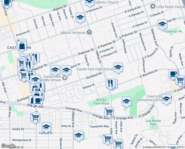 map of restaurants, bars, coffee shops, grocery stores, and more near 1376 Tobias Drive in Chula Vista