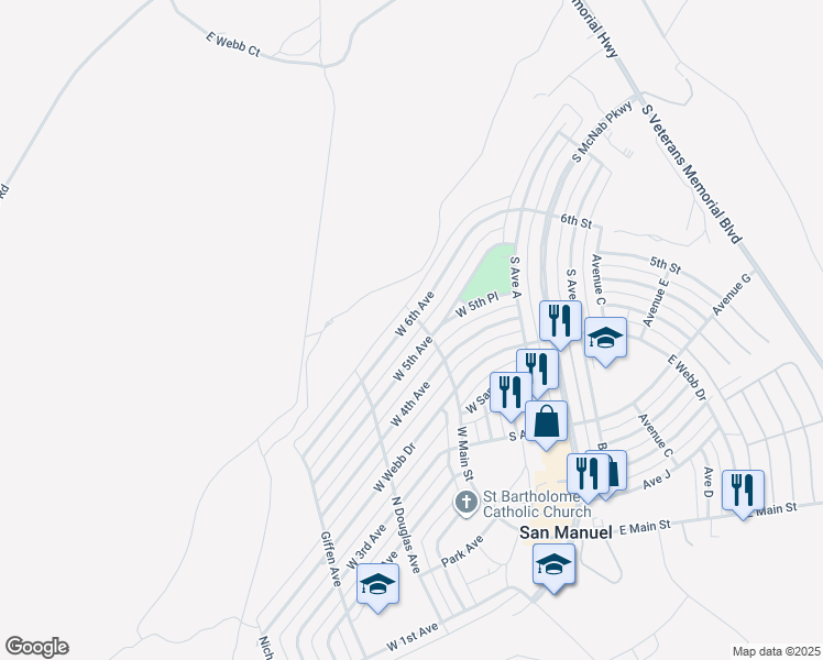 map of restaurants, bars, coffee shops, grocery stores, and more near 602 West 6th Avenue in San Manuel