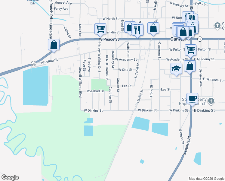 map of restaurants, bars, coffee shops, grocery stores, and more near Lee St in Canton