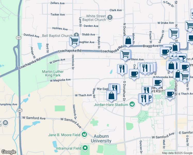 map of restaurants, bars, coffee shops, grocery stores, and more near 712 West Magnolia Avenue in Auburn