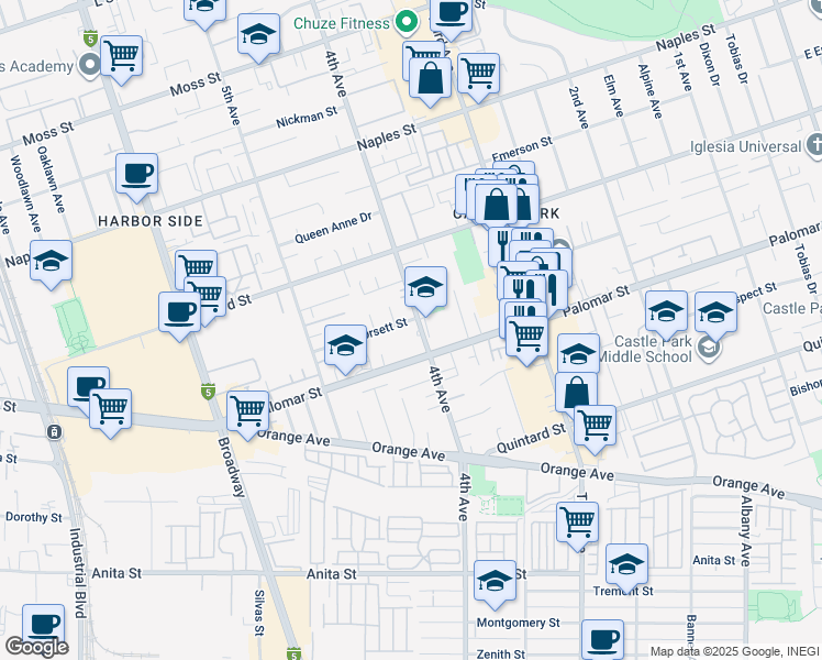 map of restaurants, bars, coffee shops, grocery stores, and more near 390 Palomar Street in Chula Vista
