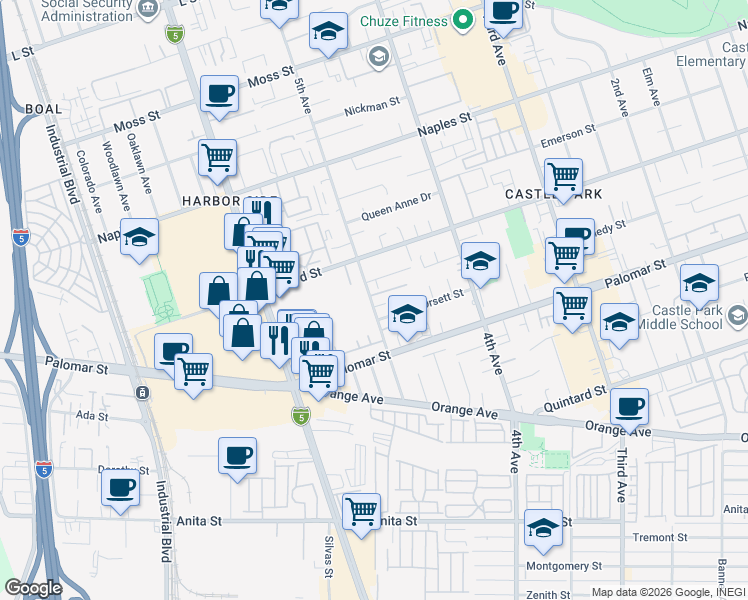 map of restaurants, bars, coffee shops, grocery stores, and more near 491 Shy Lane in Chula Vista