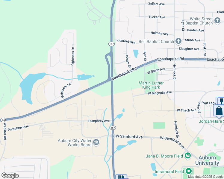 map of restaurants, bars, coffee shops, grocery stores, and more near Shug Jordan Parkway in Auburn