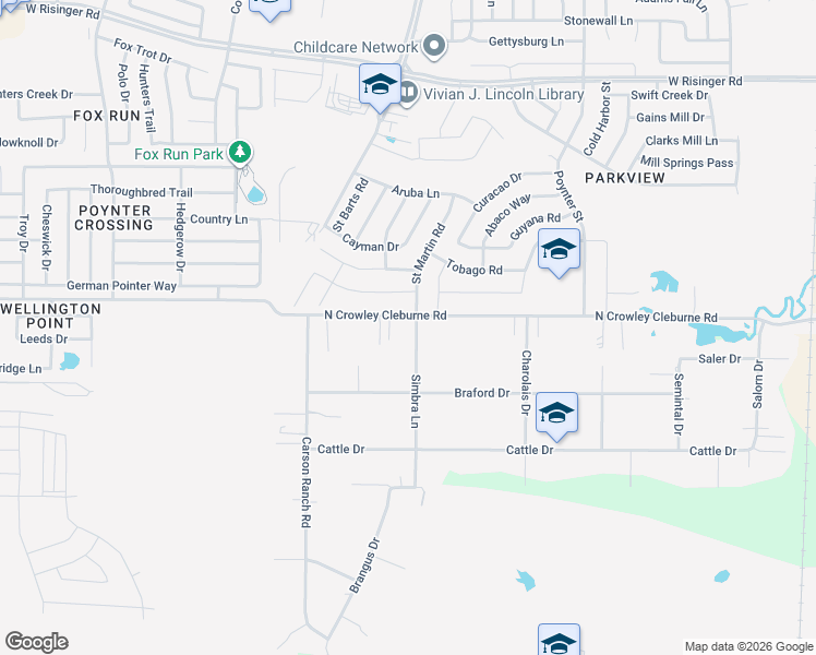 map of restaurants, bars, coffee shops, grocery stores, and more near 9400 Simbra Lane in Crowley