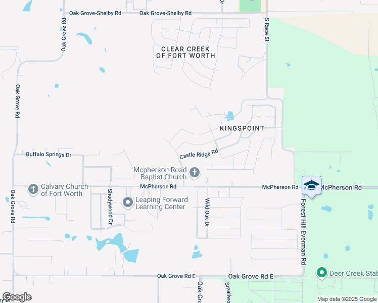 map of restaurants, bars, coffee shops, grocery stores, and more near 1317 Castle Ridge Road in Fort Worth