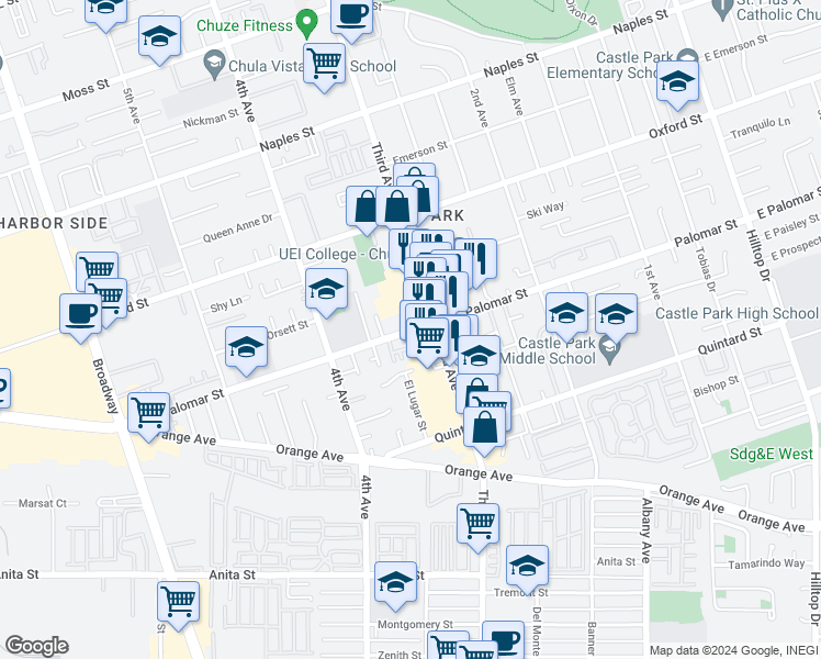 map of restaurants, bars, coffee shops, grocery stores, and more near 322 Palomar St in Chula Vista