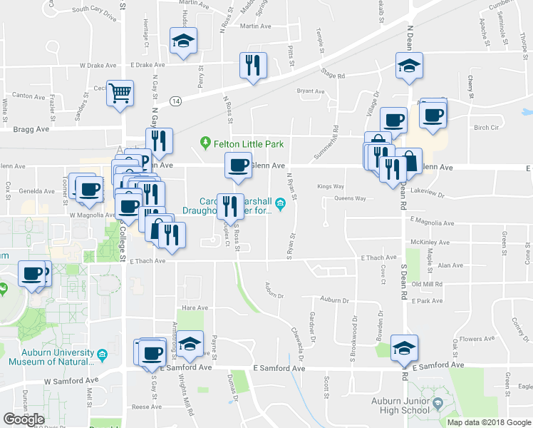 map of restaurants, bars, coffee shops, grocery stores, and more near 101 North Debardeleben Street in Auburn