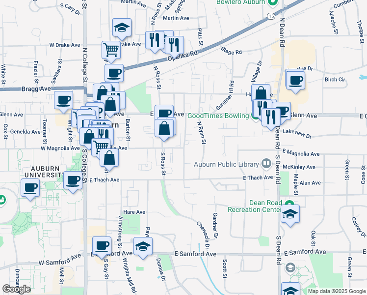map of restaurants, bars, coffee shops, grocery stores, and more near 101 North Debardeleben Street in Auburn