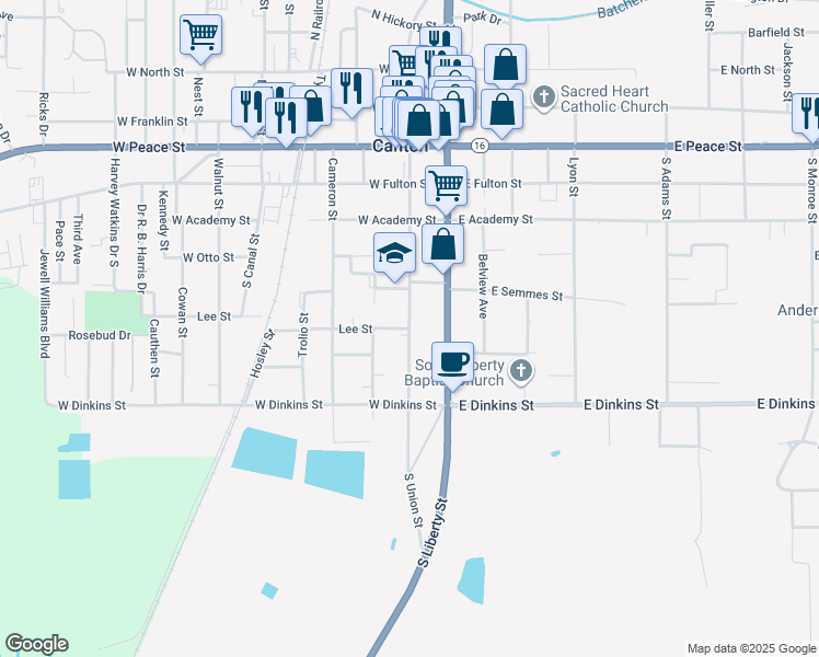 map of restaurants, bars, coffee shops, grocery stores, and more near South Union Street in Canton