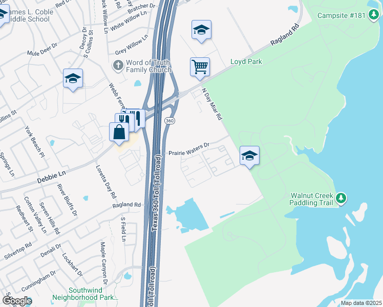 map of restaurants, bars, coffee shops, grocery stores, and more near 3651 Prairie Waters Drive in Grand Prairie