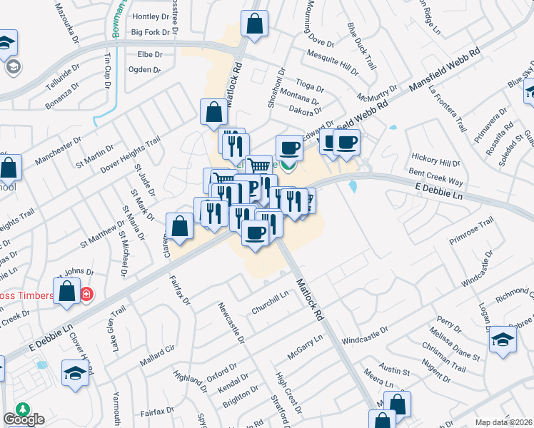 map of restaurants, bars, coffee shops, grocery stores, and more near 1671 East Debbie Lane in Mansfield