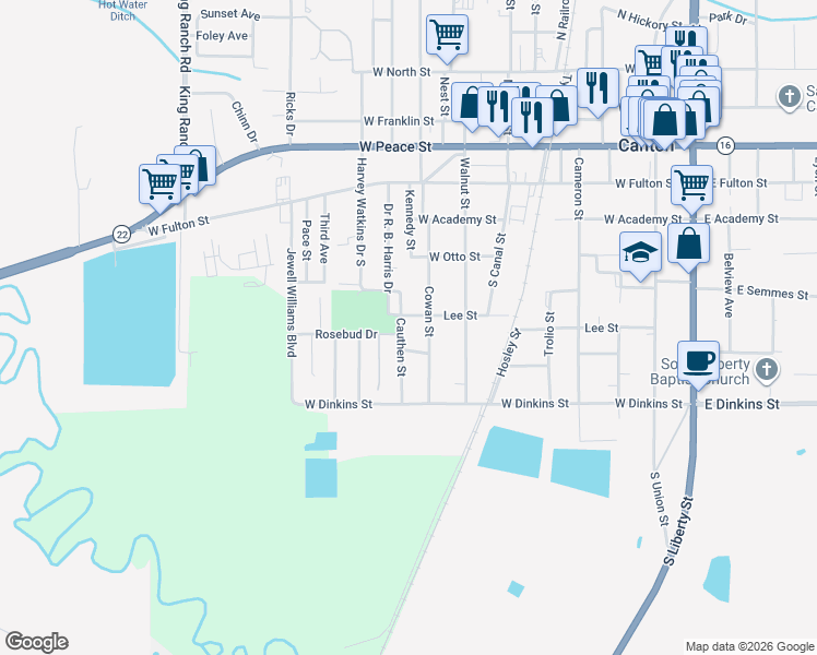 map of restaurants, bars, coffee shops, grocery stores, and more near Lee St in Canton