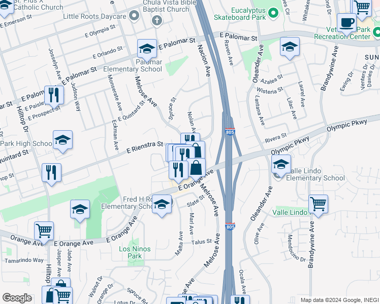 map of restaurants, bars, coffee shops, grocery stores, and more near 1444 Nolan Court in Chula Vista