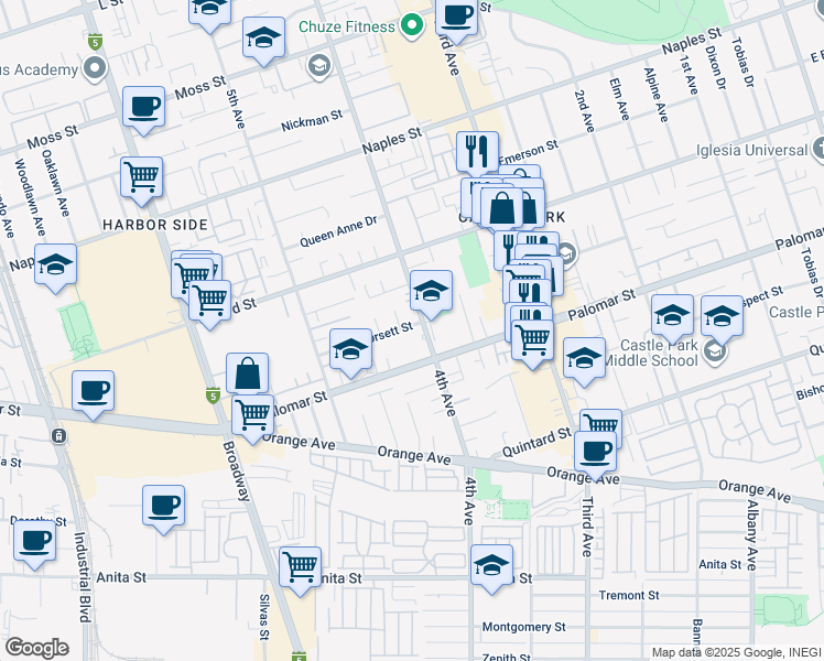 map of restaurants, bars, coffee shops, grocery stores, and more near 1256 Orde Court in Chula Vista