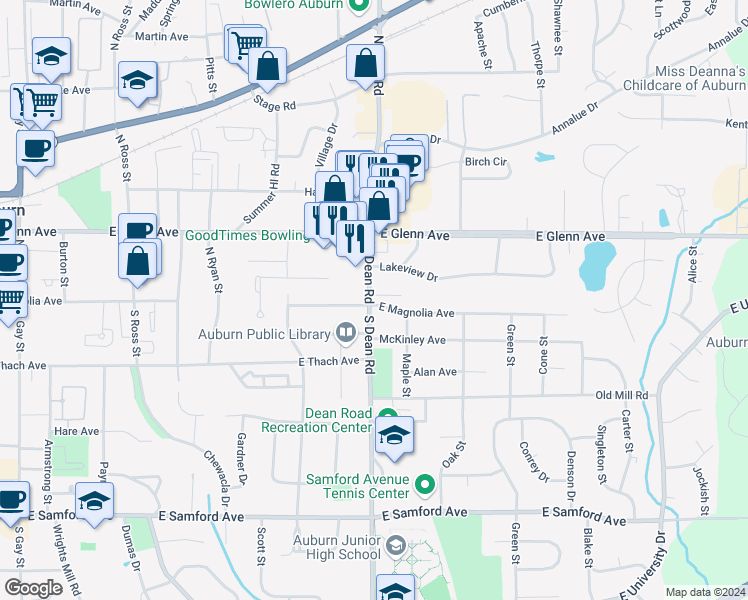 map of restaurants, bars, coffee shops, grocery stores, and more near 817 Cottage Lane in Auburn