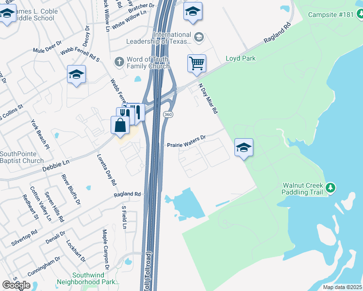 map of restaurants, bars, coffee shops, grocery stores, and more near 3651 Prairie Waters Drive in Grand Prairie