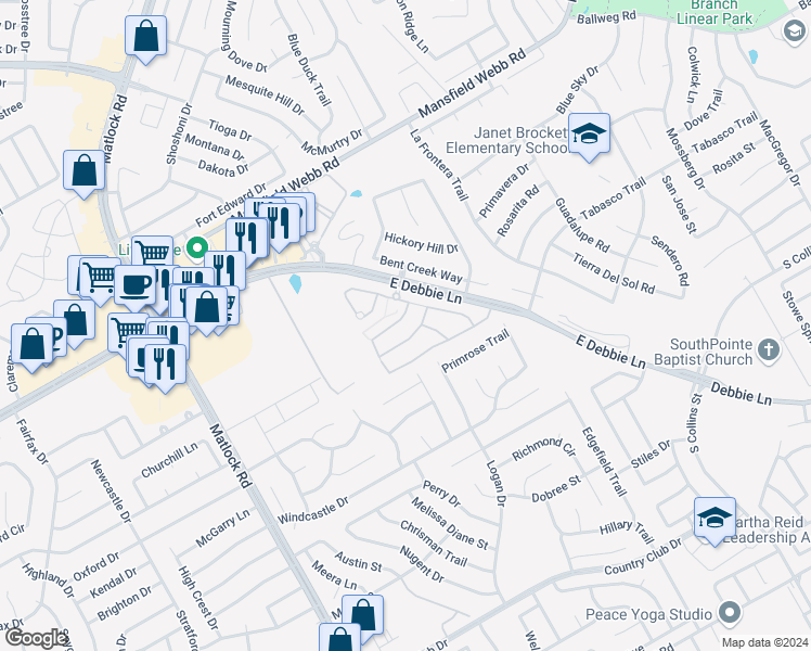 map of restaurants, bars, coffee shops, grocery stores, and more near 2914 Ervin Way in Mansfield