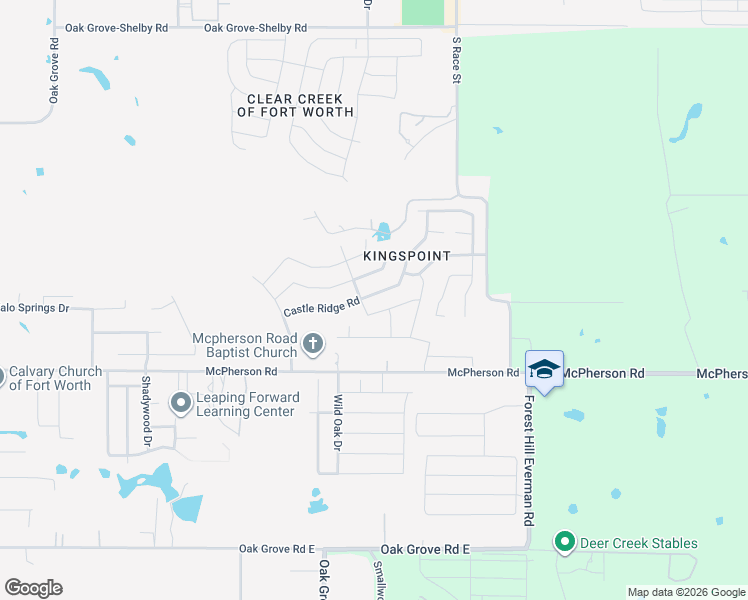 map of restaurants, bars, coffee shops, grocery stores, and more near 1504 Castle Ridge Road in Fort Worth