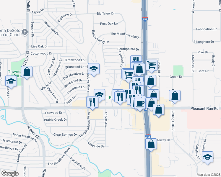 map of restaurants, bars, coffee shops, grocery stores, and more near 20 Pecan Crossing Drive in DeSoto