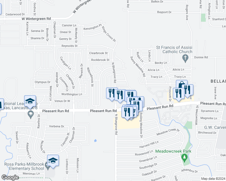 map of restaurants, bars, coffee shops, grocery stores, and more near 1431 North Bluegrove Road in Lancaster