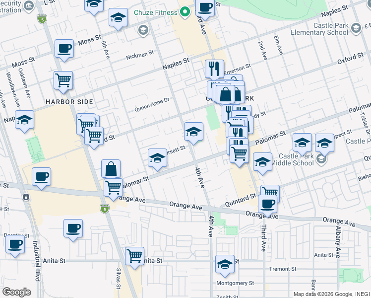 map of restaurants, bars, coffee shops, grocery stores, and more near 1272 4th Avenue in Chula Vista