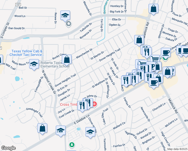 map of restaurants, bars, coffee shops, grocery stores, and more near 2911 Saint Charles Drive in Mansfield
