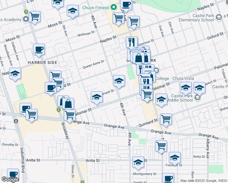 map of restaurants, bars, coffee shops, grocery stores, and more near 1272 4th Avenue in Chula Vista