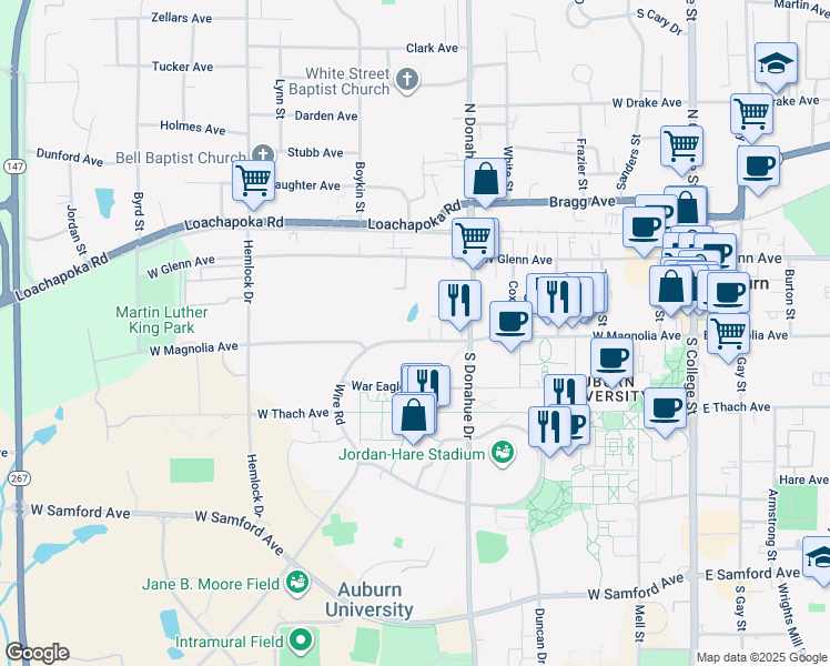 map of restaurants, bars, coffee shops, grocery stores, and more near 546 West Magnolia Avenue in Auburn
