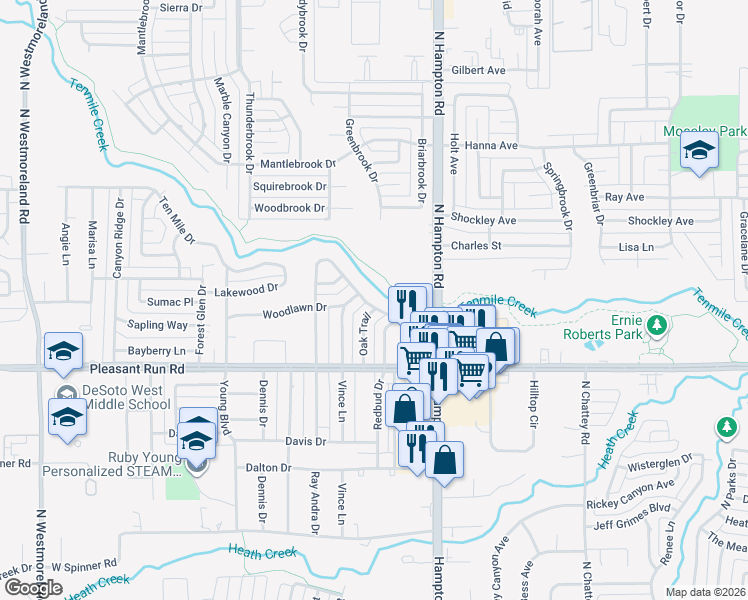 map of restaurants, bars, coffee shops, grocery stores, and more near 217 Woodhaven Drive in DeSoto